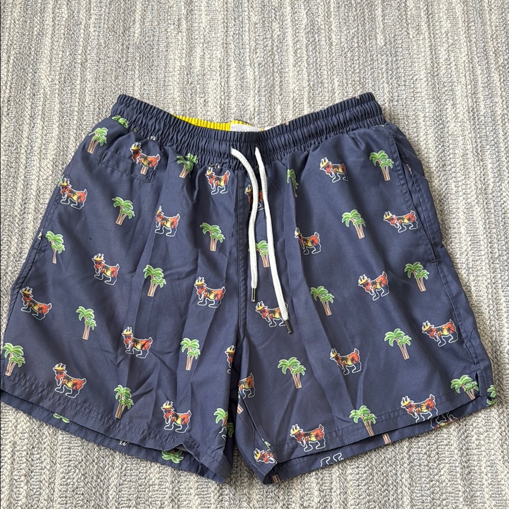 Blue Swim Trunks with Tropical Print and Elastic Waistband